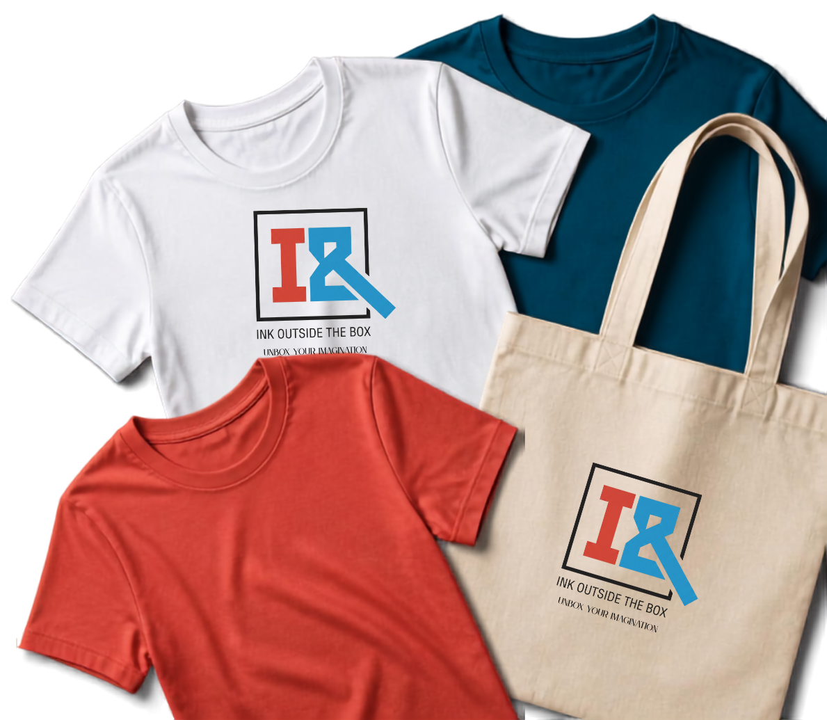 Custom printed shirts and canvas tote bag showcase